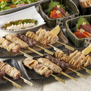 Enjoy exquisite skewers grilled over binchotan charcoal [Five-item charcoal grilled skewers course] All-you-can-drink included 5,500 yen