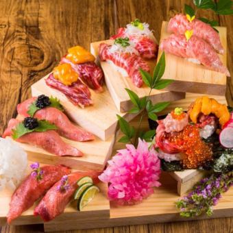 5 kinds of meat sushi tiered