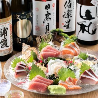 6/8～歓迎会に☆【地酒5種入180分飲放付】名物!牛タンや季節天婦羅が入った全12品8500円→8000円