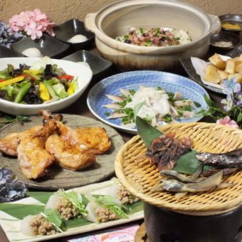 A luxurious Datenokura course featuring 9 dishes packed with spring flavors including wild vegetables, bamboo shoots, rape blossoms, clams, firefly squid, the first bonito of the season, and new onions.