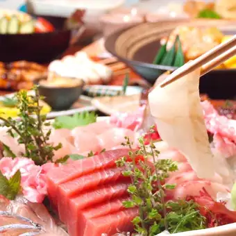飲み会や歓迎会に【天然魚の姿造りコース 】飲み放題付きの全9品でコスパ抜群！￥6,000(税込)