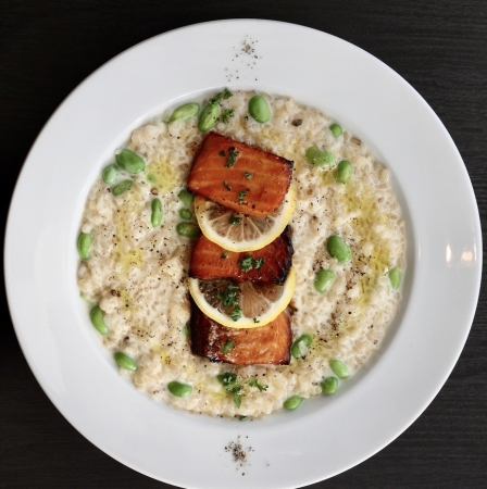 Edamame and cheese Risotto with Teriyaki salmon and lemon