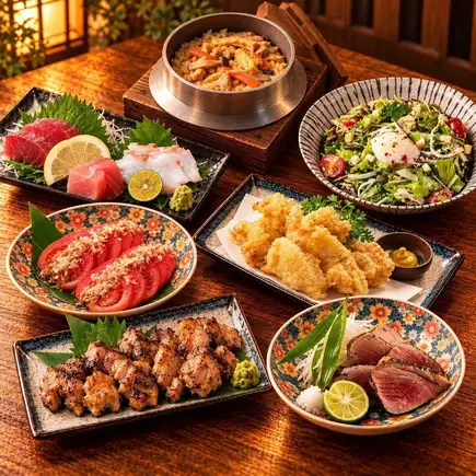 ●日～木限定●九州炉端コース(鍋なし)●3時間飲み放題付4000円｜カツオの桜瞬間燻製/鶏五目釜飯