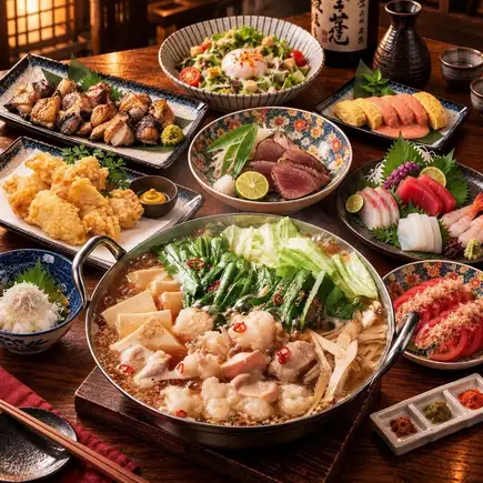●日～木限定●鍋・炉端コース●3時間飲み放題付5000円｜カツオの桜瞬間燻製/もつ鍋
