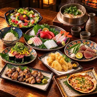 ●日～木限定●名物満喫コース●3時間飲み放題付5000円｜カツオの桜瞬間燻製/ぶっかけトロたく