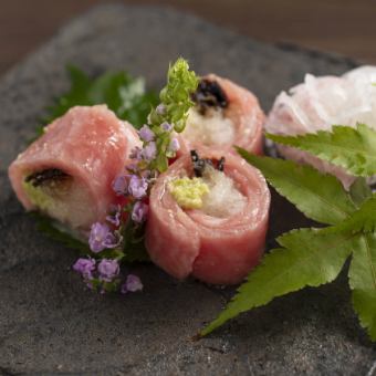 Fatty bluefin tuna wrapped in grated daikon radish
