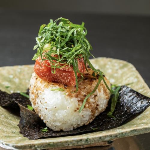 Grilled rice balls with mentaiko, shiso and butter