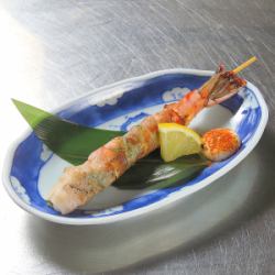 Shrimp wrapped in pork and shiso leaves