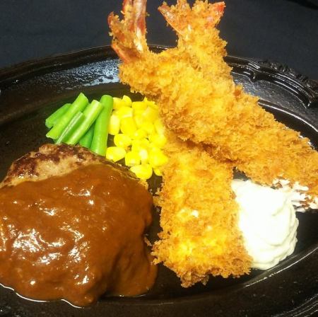 Hamburger steak and fried shrimp combination (set includes rice, salad, and soft drink)