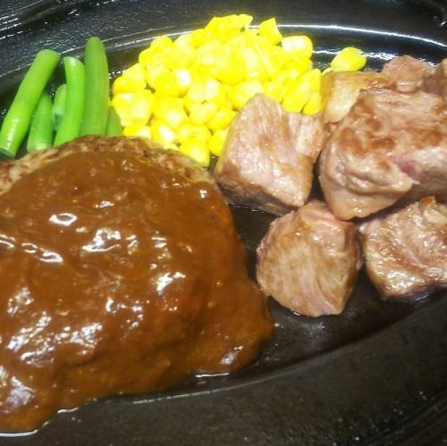 Hamburger and cut steak combination (set includes rice, salad and soft drink)