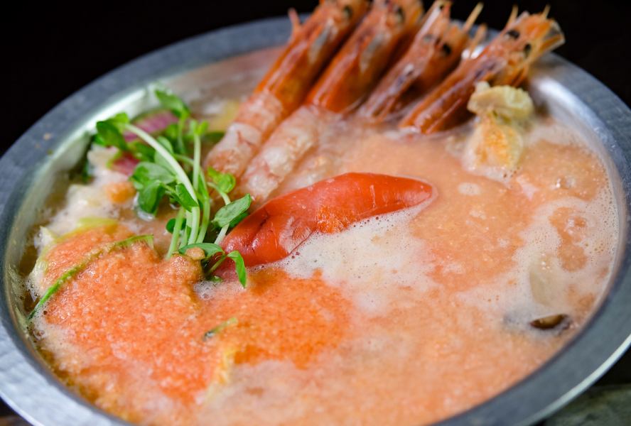 【夏季限定】冷たい貝出汁ジュレと温かい濃厚鍋で二度美味しい◎◆海老の明太とろしゃぶ◆