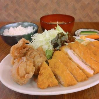 Pork loin cutlet and fried chicken set meal