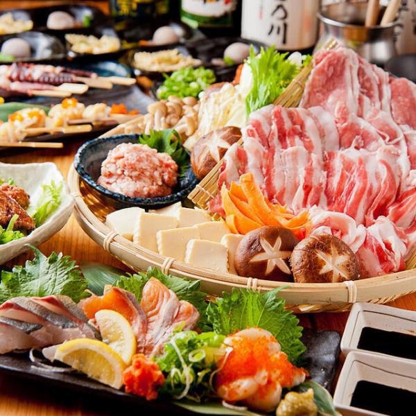 和牛ハラミや漁港直送鮮魚3点盛り含む『しゃぶしゃぶ鍋食べ放題』3時間飲み放題付き4480⇒3280円