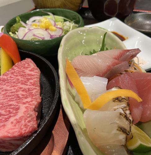 Lunch with Awa beef aitchbone steak and sashimi