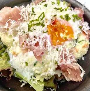 Prosciutto and soft-boiled egg potato salad
