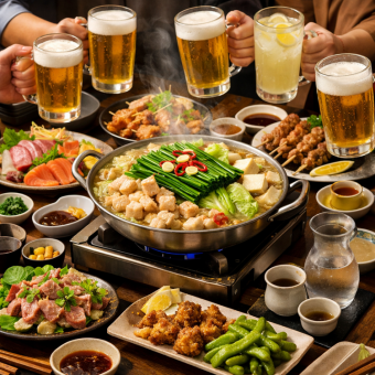 【宴会にピッタリ鍋コース】店主自慢の博多風とんこつもつ鍋コース!飲み放題付き120分生ビール付