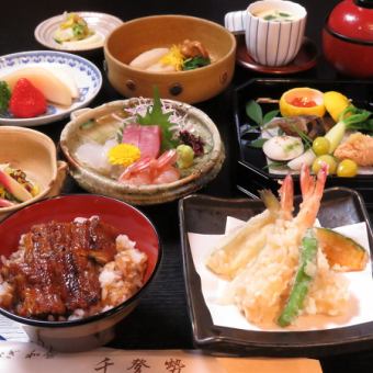 全10道菜品5,500日元◎包含时令怀石套餐、鳗鱼盖饭、时令生鱼片、天妇罗、甜点