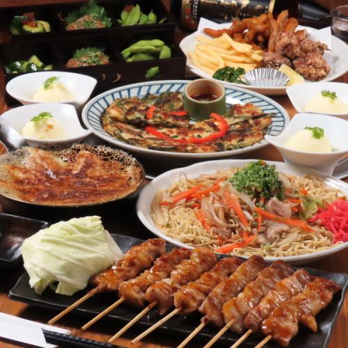 “庄门套餐”3,980日元，附带2小时无限畅饮☆包含博多烤鸡肉串和黑毛煎饺等11道菜品的满满套餐！