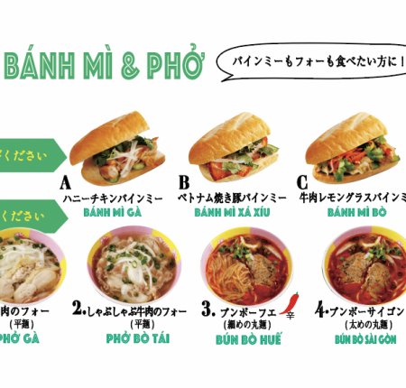 Choose from 3 types of banh mi (half size) & 4 types of pho (half size)