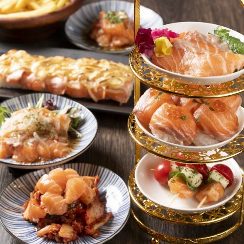 Salmon afternoon tea♪ Let's have a toast with a variety of delicious salmon dishes tonight!