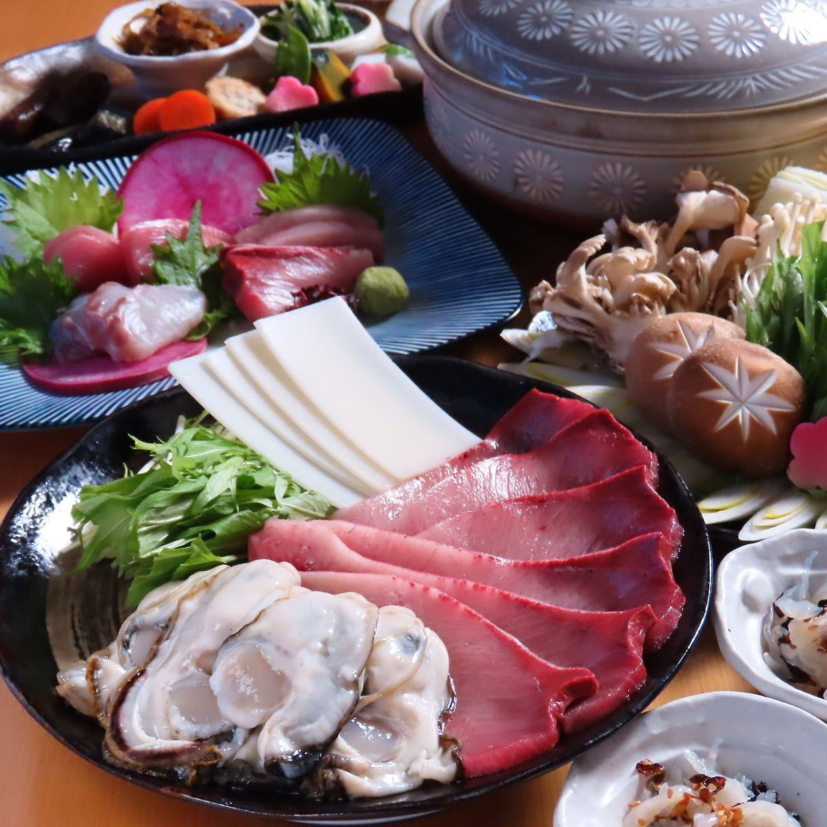 Okayama Nissou oyster miso hotpot course with fresh sashimi and all-you-can-drink included