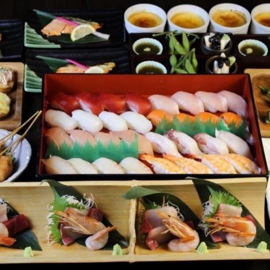 Koyomi's popular seafood sushi course with 120 minutes of all-you-can-drink for 6,000 yen (tax included)