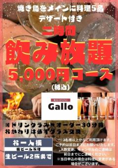 【コスパ○！】焼き鳥メイン料理5品+2時間飲み放題付き5000円≪おひとり様生ビール2杯まで≫