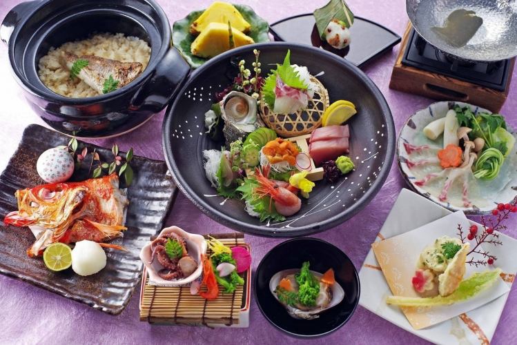 [7,850 yen course] 10 dishes including seafood cherry soy milk hotpot, sakura shrimp kakiage, greenling teriyaki, etc. 7,850 yen (tax included)