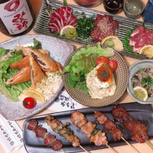 【ボリューム満点！】鶏刺や地鶏タタキ、串物5種など全7品！2時間飲み放題付◎とりコース5000円(税込)