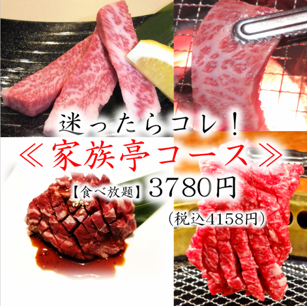 If you can't decide what to eat, the Kazokutei course costs 3,780 yen. All-you-can-eat our most popular classic ribs and loins, as well as thick slices of delicious meat.