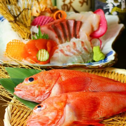 ≪Hokkaido's high-quality fish! Kinki primitive grilled fish and assorted sashimi course≫ 7 dishes in total, 8 types of sake all-you-can-drink, 4,000 yen