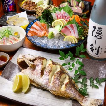 【愛媛食べ尽くし・鯛姿焼きコース】飲み放題90分付き！刺身4種、地鶏、鯛めしなど全8品6500円