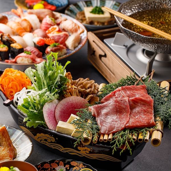 使用嚴選食材的「黑毛和牛涮鍋、黑毛和牛壽司、海鮮壽司自助餐」7,800日圓（含稅）
