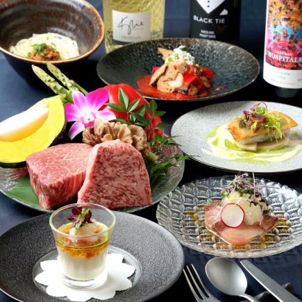 【午餐】《五月》七道菜套餐，包含A4级黑毛和牛肋眼牛排、时令鱼类及时令开胃菜 ◇7,700日元