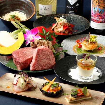 【Lunch】《Oboro》8-course meal including a comparison of Japanese Black Wagyu sirloin and fillet, seasonal fish, and 3 appetizers ◇15,000 yen