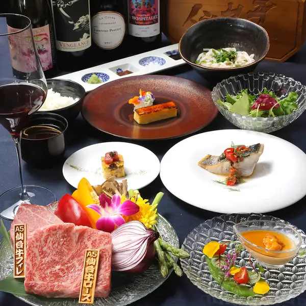 《誉homare》A5仙台牛ロース・フィレの食べ比べ、真鯛、生帆立、季節の前菜など全8品◇13,800円