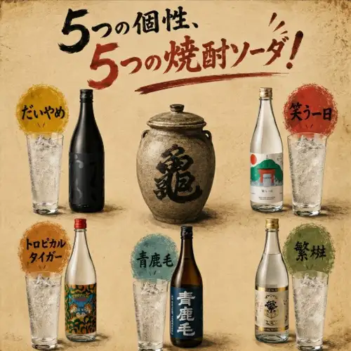 一番旨い組み合わせ。5つの個性、5つの焼酎ソーダ!