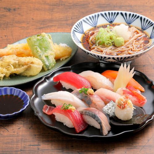 寿司10貫と牡蠣天ぷら・蕎麦定食