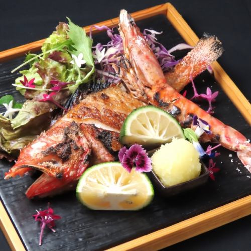 Enjoy a luxurious moment with the fragrant grilled fatty kinki and live tiger prawns grilled with salt.