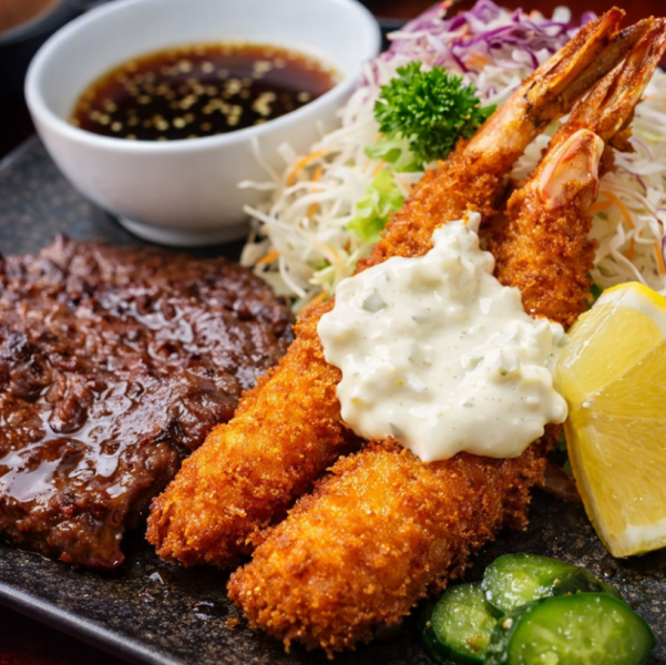 【贅沢な共演】コンボ定食(ステーキ・海老フライ)◆ボリューム満点
