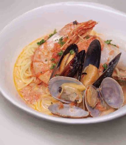 Limited quantity seafood soup pasta