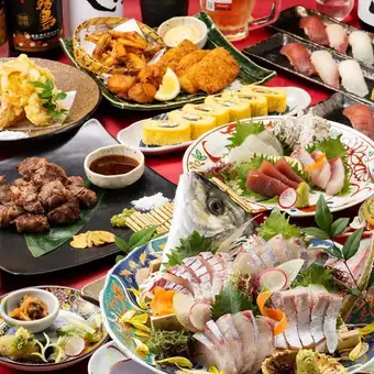 夏宴会【祇園(ぎおん)】活〆豊後アジ造や刺身、中落カルビや鰻出汁巻き等《120分飲み放題付》