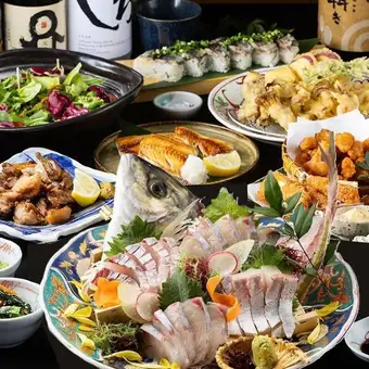 秋宴会【月見(つきみ)】活〆豊後アジ造りや親鶏バラ焼き、炙り秋刀魚棒寿司《120分飲み放題付》