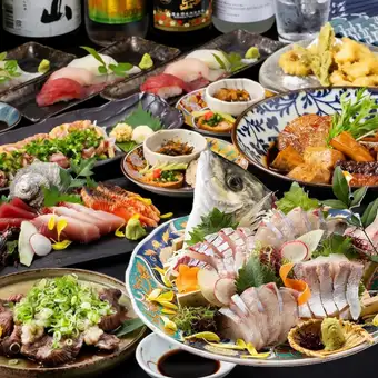 Winter Banquet [Hiiragi]: Freshly caught Bungo horse mackerel sashimi, carefully selected sashimi, thick-cut beef tongue and sushi (120-minute all-you-can-drink included)