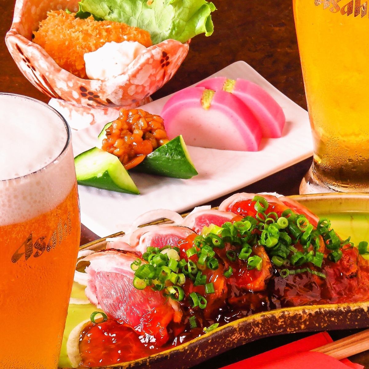 A slightly luxurious evening drink set♪ Includes two glasses of draft beer, meat, sashimi, and a small dish★