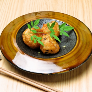 Homemade shrimp and scallop fish cakes with yuzu flavor