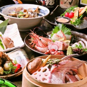 山與海的奢華合作！!！◆ 當季套餐 7,500日圓（含稅）開胃菜、生魚片、海鰻、牡蠣、三田牛等。