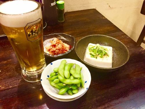 Draft beer + 1 item set (cold tofu, edamame, tomato, moromi cucumber)