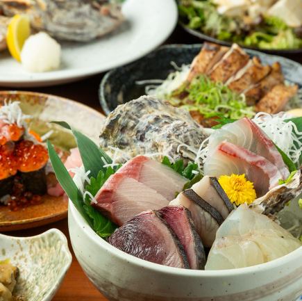 【宴会にぴったり!】A5和牛タタキ&お造り5種盛など全9品+飲み放題★肉・魚満喫コース⇒4950円