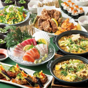 【雅の宴】軍鶏つくねと彩り野菜や刺身四種盛り・海老タルのっけ寿司等8品+飲み放題付5000円